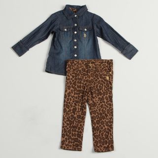US Polo Toddler Girls 2 piece Denim Buttton Up Leopard Print Pants