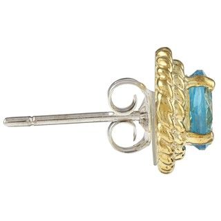 Kabella Gold over Silver Round Blue Topaz Rope Design Stud Earrings