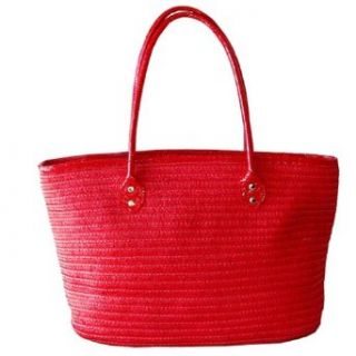 Red Long Croco Handled Paper Straw Beach Tote Bag
