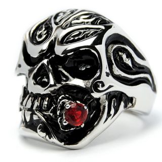 Stainless Steel Red Cubic Zirconia Cast Skull Ring