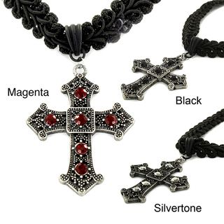 Silvertone and Black Fabric Resin Cross Choker Necklace