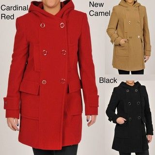 Larry Levine Womens Double Breasted Hooded Wool Coat