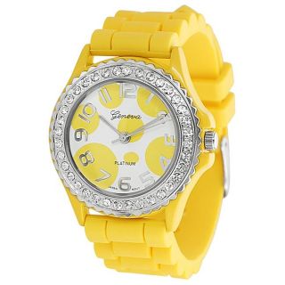 Geneva Platinum Womens Rhinestone accented Yellow Silicone Watch