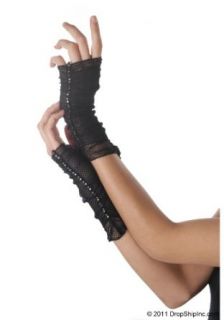 Fingerless Fishnet Gloves With Rhinestone Trim (Black;One