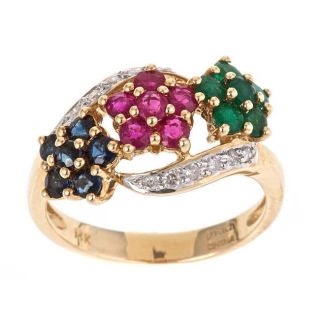 Yach 14k Gold Ruby, Sapphire, Emerald and 1/10ct TDW Diamond Ring (G