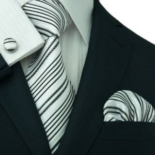 Mens Striped Black & White 100% Silk Tie Set 111S