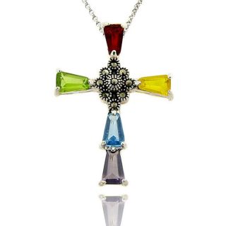 Silver Multi colored Cubic Zirconia and Marcasite Cross Necklace
