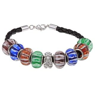 La Preciosa Silvertone Multi Colored Glass Beads Leather Bracelet