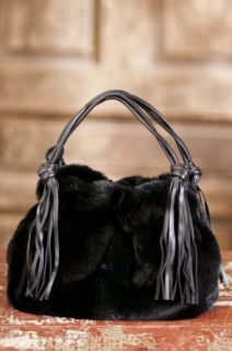 Womens Rabbit Fur Handbag with Leather Tassels, BLACK