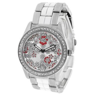 Geneva Platinum Womens Rhinestone accented Flower Link Watch