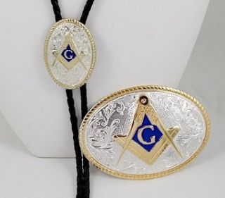 Sterling Silver /Gold Plated Blue Enamel Masonic Bolo Tie