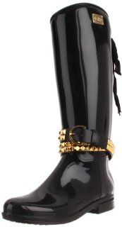  dav Womens Eve Solid Black with Gold Belt Rain Boot Shoes