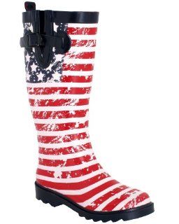York Shiny American Flag Printed With Buckle Ladies Rain Boot Shoes
