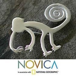 Sterling Silver Playful Nazca Monkey Brooch Pendant (Peru