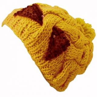 Mustard Yellow Knit Cable Braid Beanie Cap With Sequin Bow