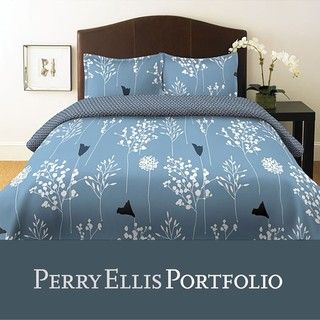 Perry Ellis Asian Lilly Blue King size 3 piece Comforter Set