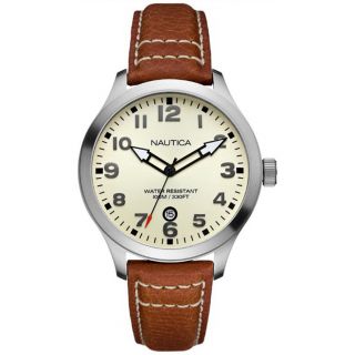 Nautica Mens BFD 101 Beige Dial and Brown Calf Skin Quartz Watch