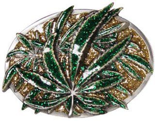 Mens Resin Green and Gold Marijuana Leaf Metal Belt Buckle