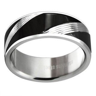 Black plated Stainless Steel Mens Striped Wedding style Band