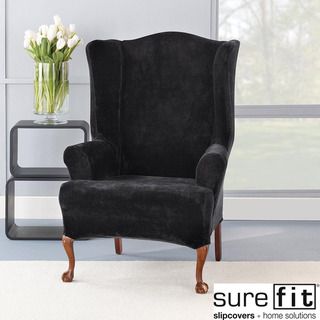 Stretch Plush Black Wing Chair Slipcover