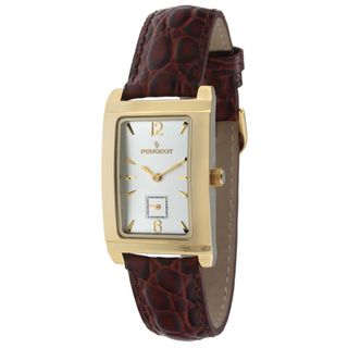 Peugeot Mens Goldtone Brown Leather Strap Watch