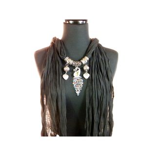 Black Fashion Jewelry Scarf with Crystal Peacock Pendant