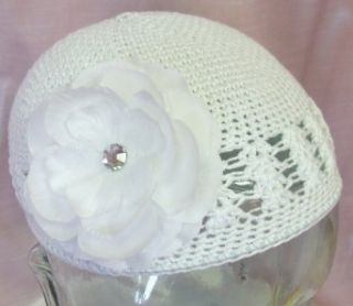 Olivia Crochet Baby Hat (White Hat/White Flower) Clothing