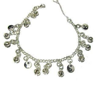 Silver Tone Anklet With Bells and Ying Yang Charms