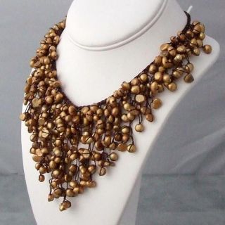 Cotton Trendy Golden Pearls Waterfall Bib Necklace (3 5 mm) (Thailand