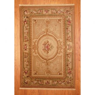 Asian Hand knotted Aubusson Beige/ Gold Wool Rug (4 x 6)