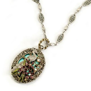 Sweet Romance Pewter Enamel and Crystal Peacock Flourish Necklace