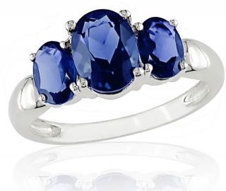 10k White Gold 3 stone Created Sapphire Ring