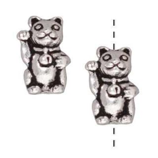 Silverplated Pewter Lucky Cat 12 mm Beads (Pack of 4)