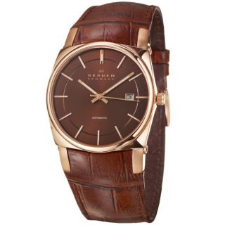 Skagen Mens Leather Rose Goldplated Automatic Watch