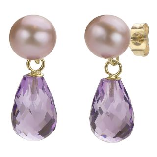 DaVonna 14k Gold Amethyst and Pink 6 6.5mm FW Pearl Earrings with Gift