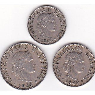 1943 B Switzerland 5, 10 & 20 Rappen Coins (Set of 3 Coins