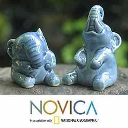 Ceramic Happy Blue Elephants Celadon Sculptures (Thailand) Today $