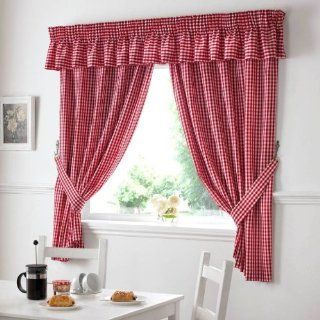 GINGHAM CHECK RED WHITE KITCHEN CURTAINS DRAPES W46 X L42