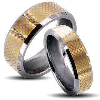 Tungsten Carbide Two tone Checkered His and Her Wedding Band Set