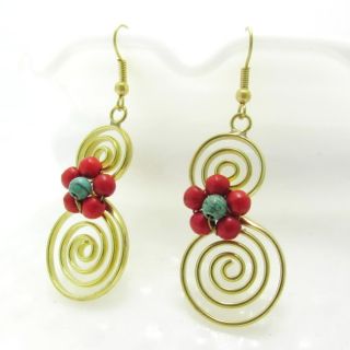 Spiral Romance Red Coral/ Turquoise Stone Swirl Earrings (Thailand