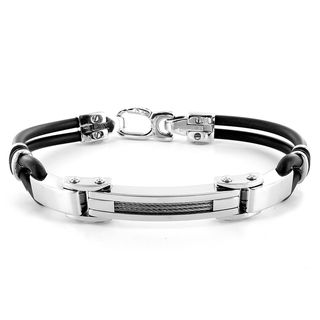 Stainless Steel and Black Rubber Mens Cable Band Bracelet