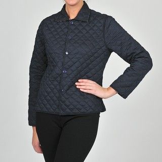La Cera Womens Plus Size Navy Floral Quilted Cropped Jacket