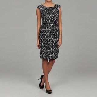 London Times Womens Black/ White Belted Dress