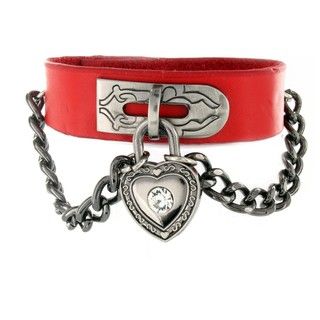 Red Leather Cubic Zirconia Heart Lock and Chain Bracelet