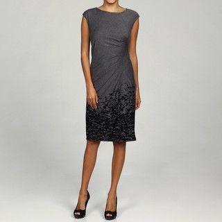 Marina Womens Grey/Black Border Print Side Pleated Dress