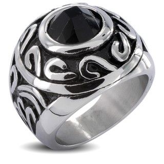 Stainless Steel Tribal Orb and Black Cubic Zirconia Mens Ring