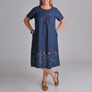La Cera Womens Plus Embroidered Denim Dress