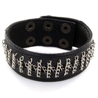 Black Leather and Polished Chain Snap Bracelet