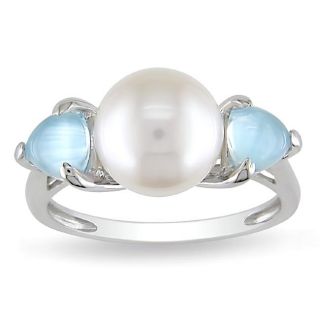 Miadora Sterling Silver FW Pearl and Created Blue Topaz Ring (9 9.5 mm