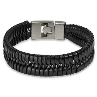 Black Leather Woven and Braided Strap Bracelet
